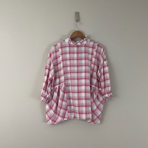 Sundance Janis Pink Plaid Ruffle Button Down 3/4 Sleeve Top Size Large - Picture 2 of 6